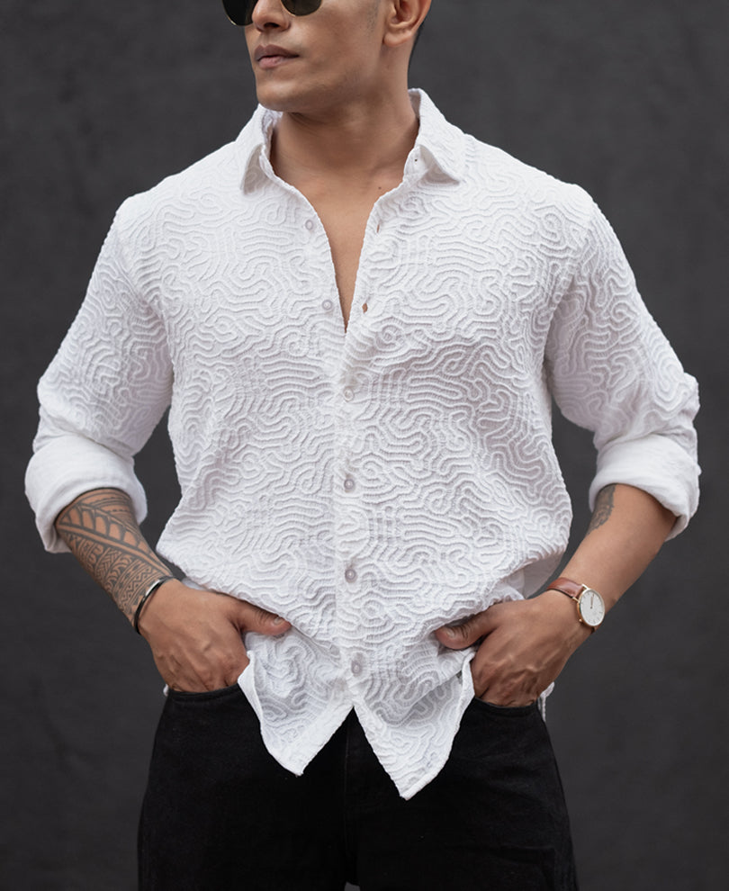 White Abstract Structured Regular Fit Full Sleeves Shirt