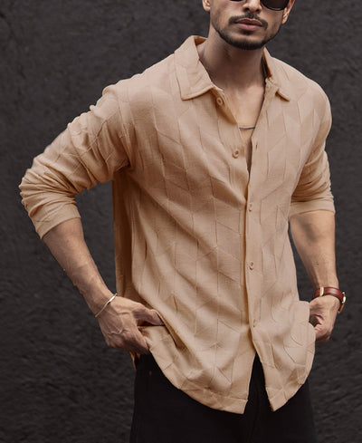 Beige Structured Regular Fit Full Sleeves Shirt