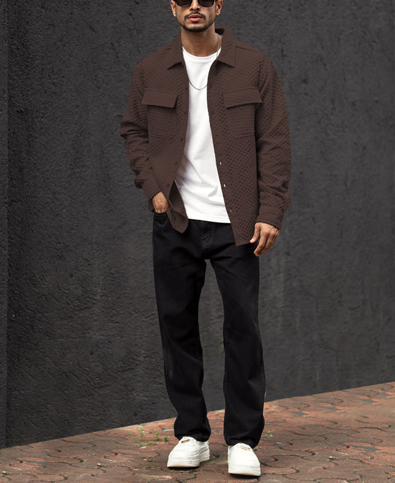 Brown Double Pocket Regular Fit Full Sleeves Shirt