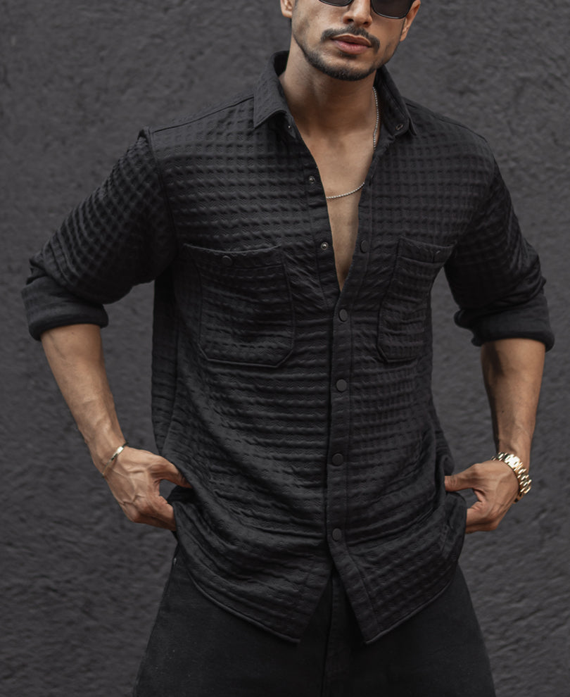 Black Solid Structure Regular Fit Full Sleeves Shirt