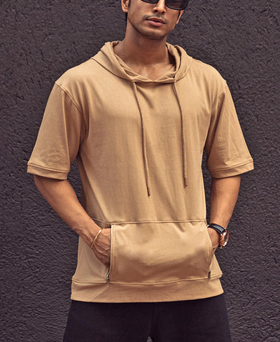 Camel Hoodie Oversized Half Sleeves T Shirt