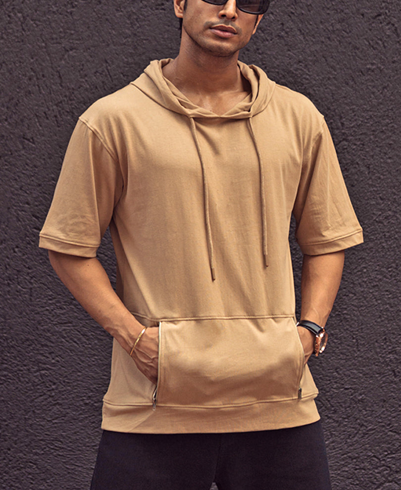 Camel Hoodie Oversized Half Sleeves T Shirt