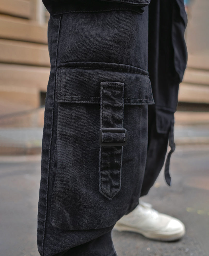 Carbon Black Baggy Fit Cargo Denim Jeans with Patch Pockets