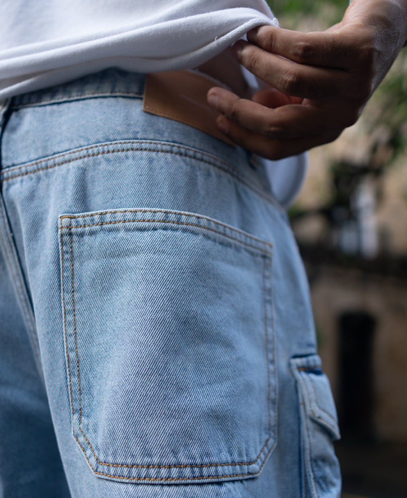 Ice Blue Baggy Fit Cargo Jeans