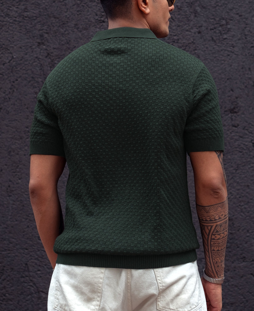 Green Knitted Regular Fit Half Sleeves Zipper T Shirt