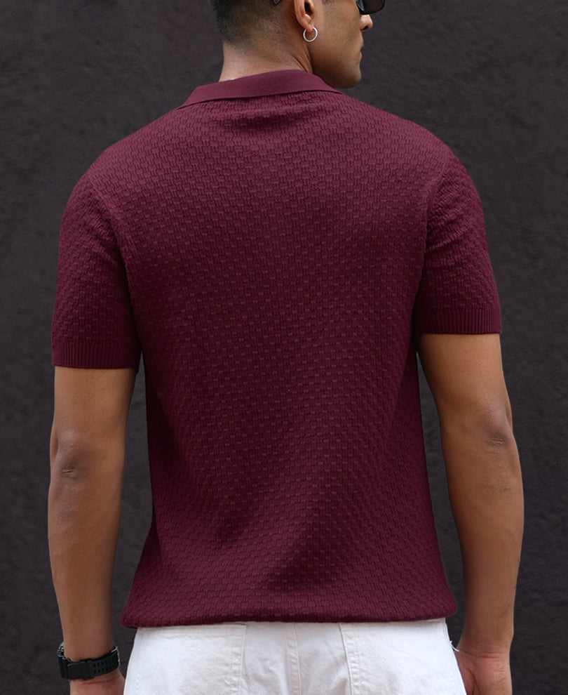 Wine Knitted Regular Fit Half Sleeves T-Shirt