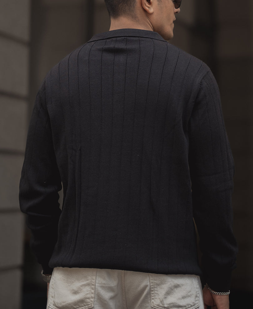 Black Knitted Regular Fit Full Sleeves T Shirt