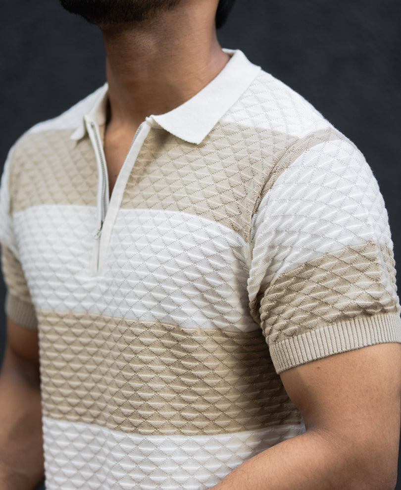Off White Structured Striped Regular Half Sleeves T Shirt