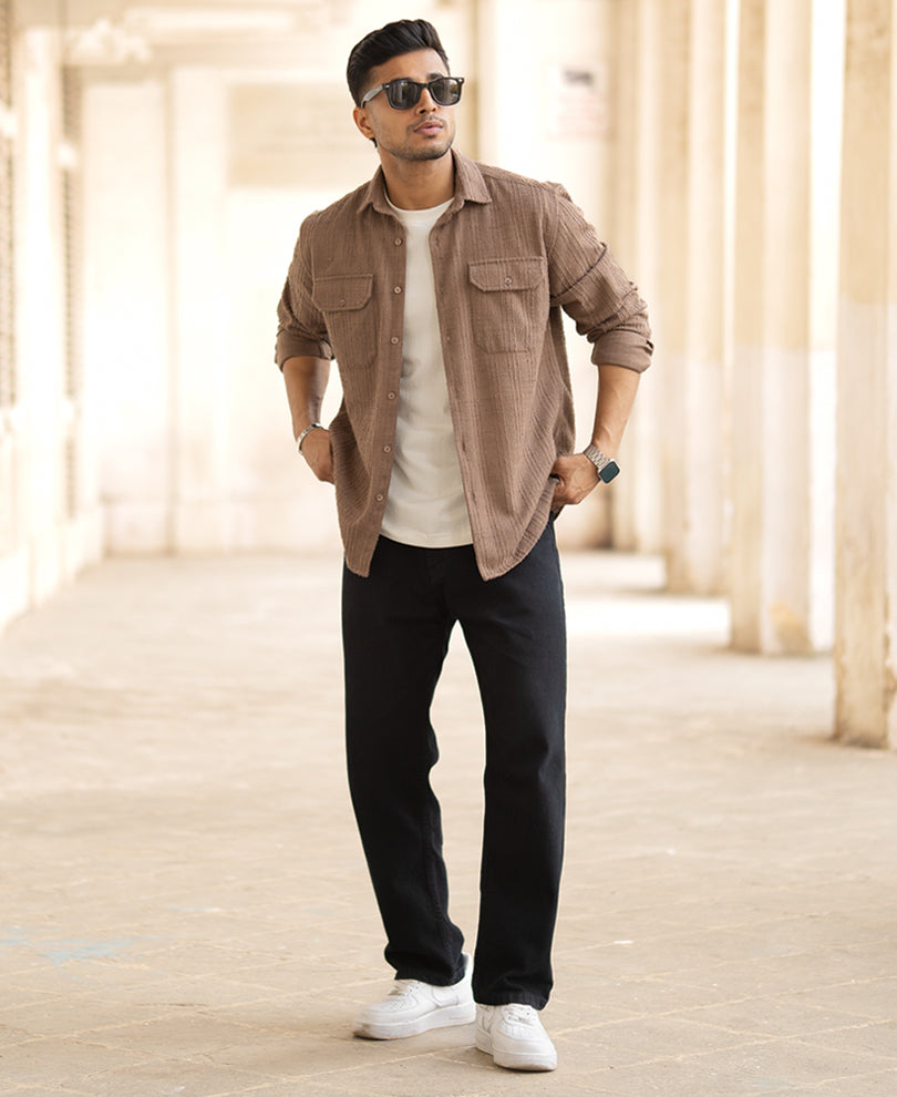 Dark Camel Textured Regular Fit Full Sleeves Shirt