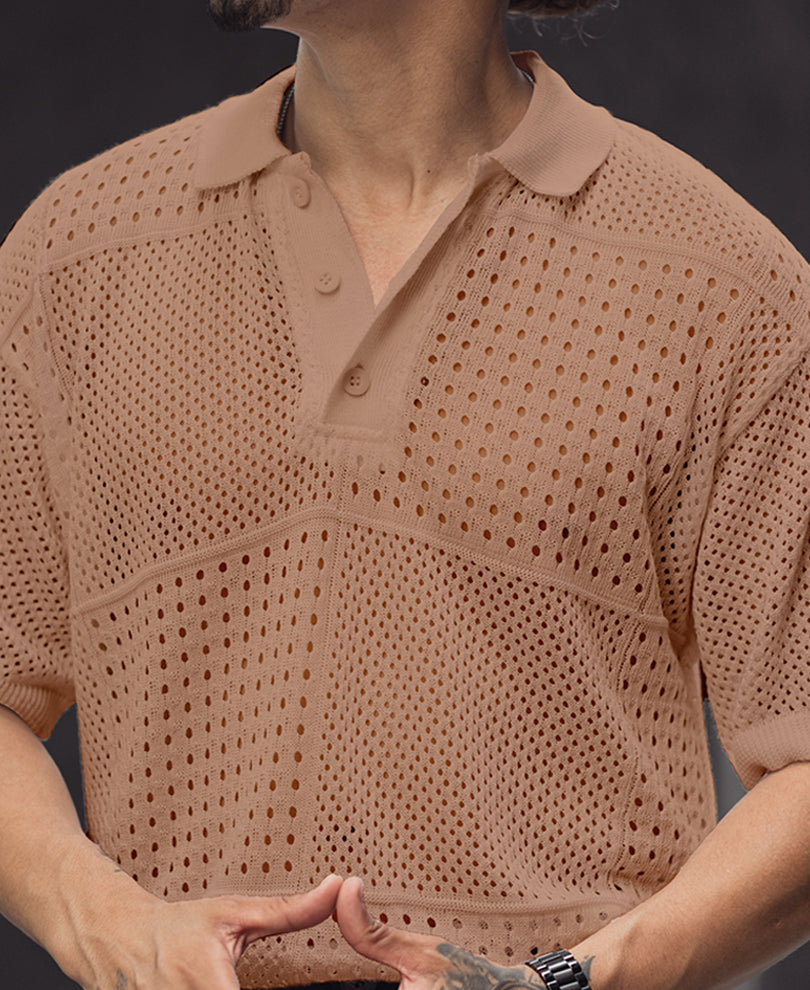 Brown Half Sleeves Oversized Crochet T-Shirt