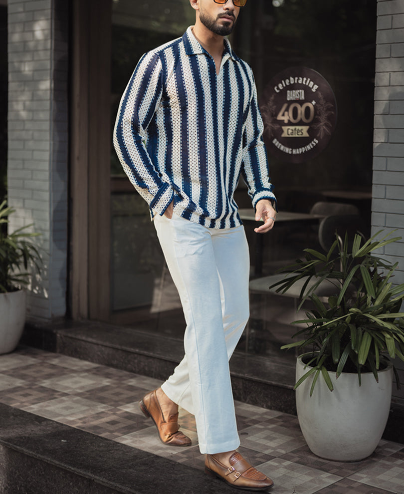 Navy Blue And Off White Stripes Regular Fit Full Sleeves Shirt