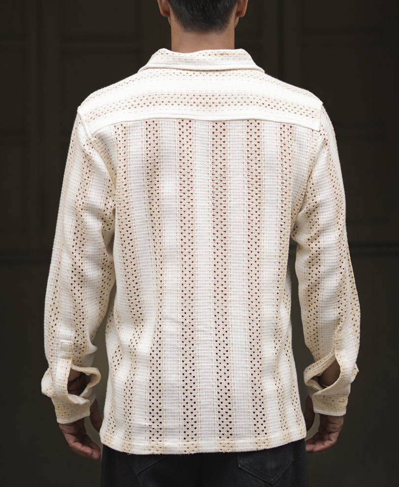 Beige & White Crochet Striped Regular Fit Full Sleeve Shirt