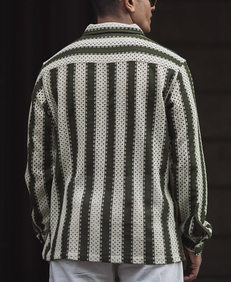 Forest Green & Off White Crochet Striped Regular Fit Full Sleeve Shirt