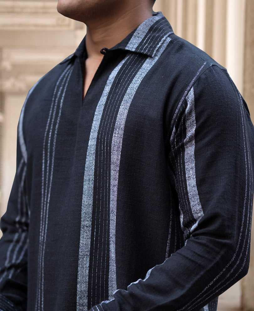 Black Striped Regular Fit Full Sleeves Kurta Style Shirt