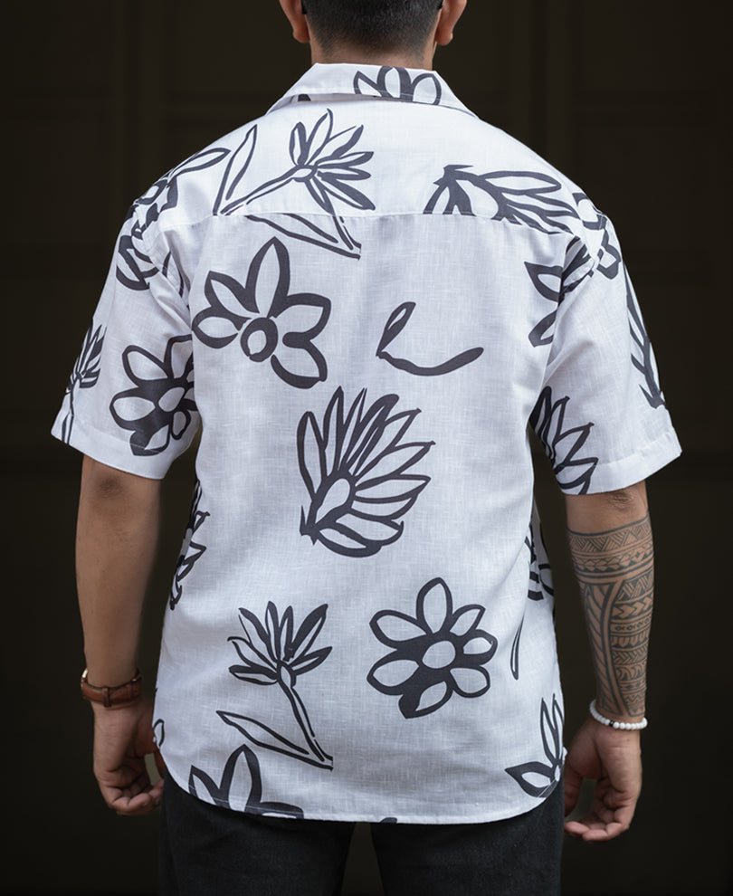 White And Black Floral Printed Oversized Half Sleeves Shirt