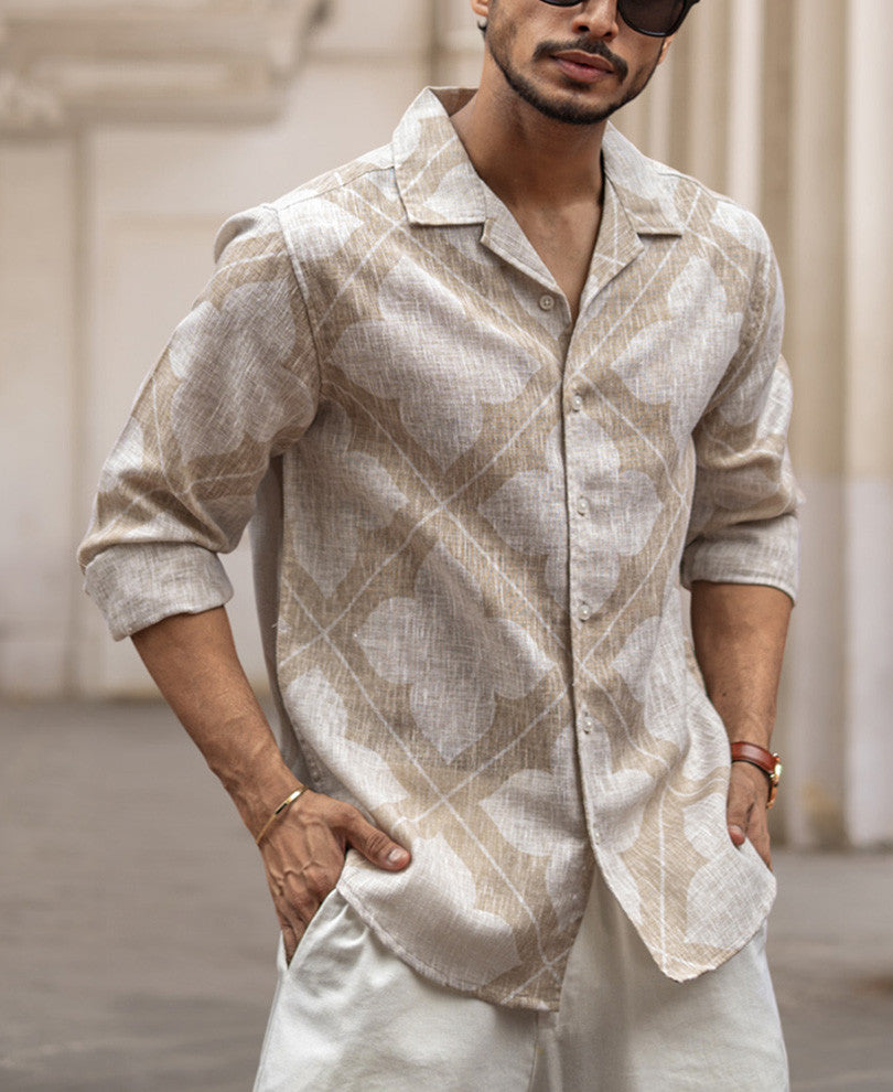 Beige Regular Fit Printed Full Sleeves Shirt
