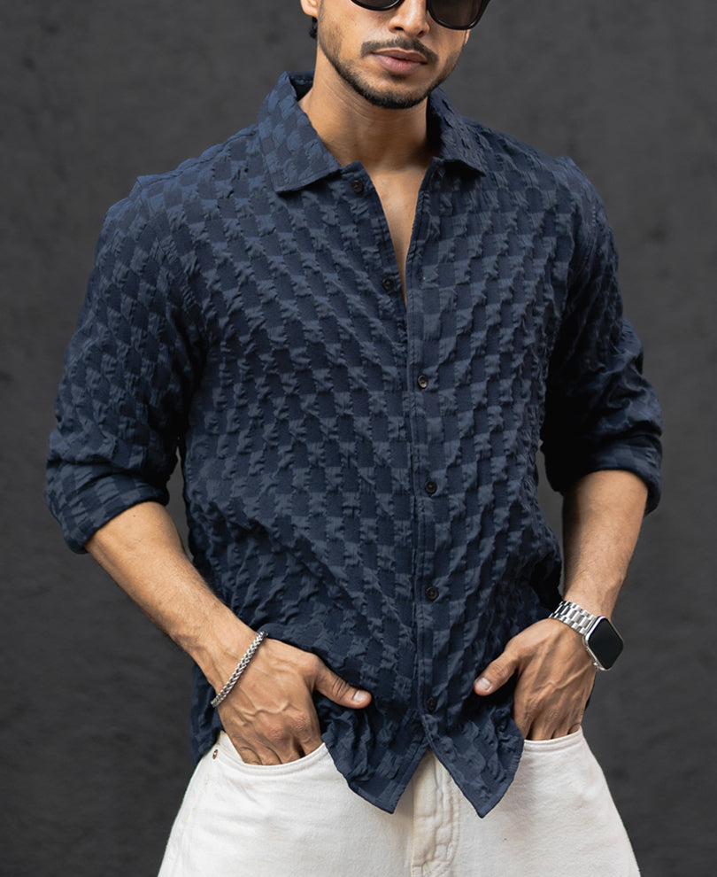 Navy Blue Structured Full Sleeves Regular Fit Shirt