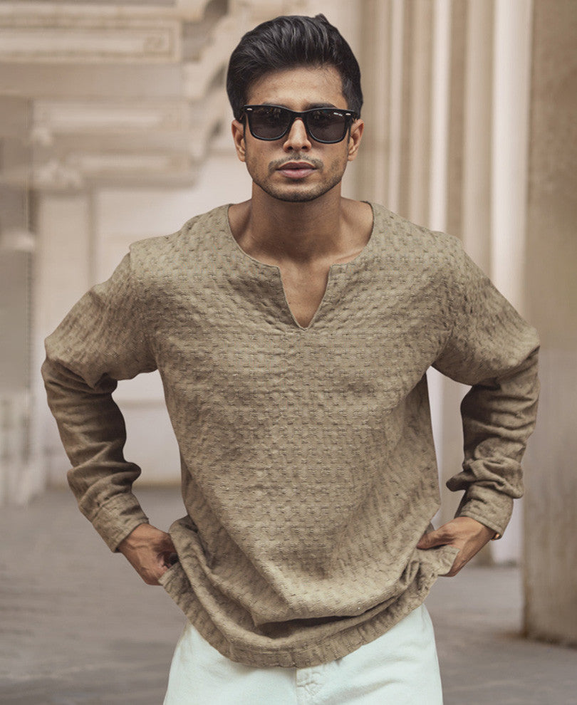 Beige Structured Regular Fit Full Sleeve Kurta Style Shirt