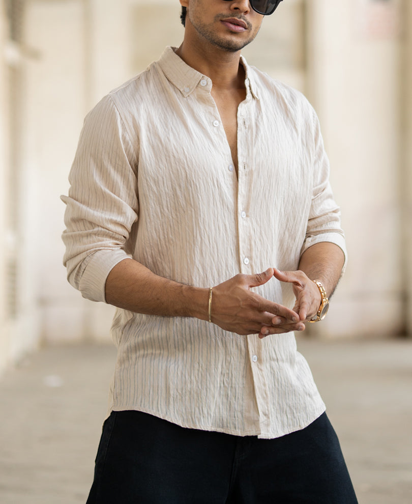 Cream Structured Regular Fit Full Sleeves Shirt.