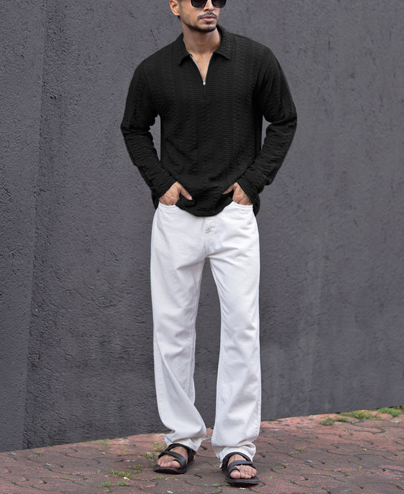Black Collar Neck Regular Fit Full Sleeves T-Shirt