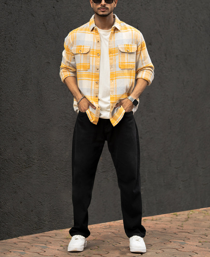 Mustard And Off-White Checks Regular Fit Full Sleeves Shirt