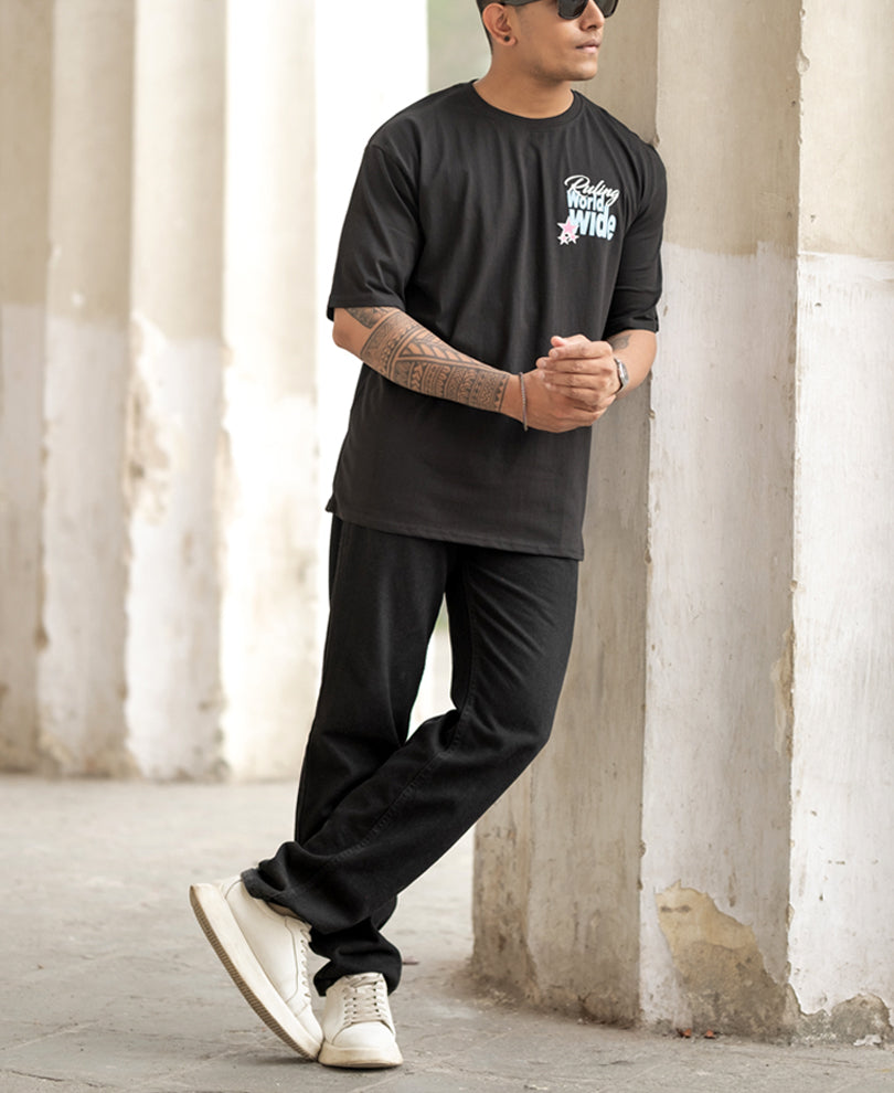 Black Ruling Printed Oversized T-Shirt