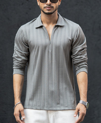 Grey Structured Regular Fit Full Sleeves T-Shirt