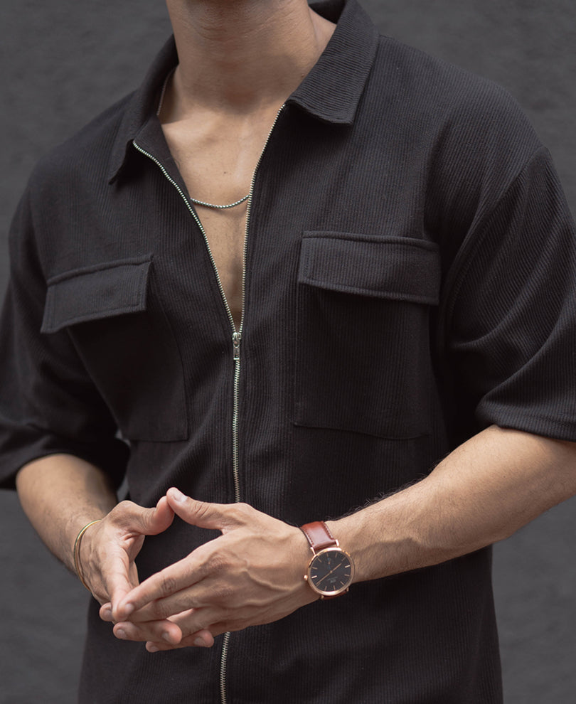 Black Oversized Half Sleeves Shirt With Zip