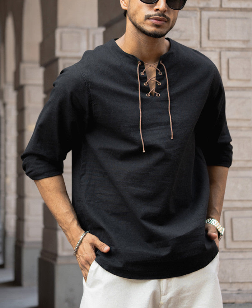 Black Regular Fit Kurta Style Full Sleeves Shirt