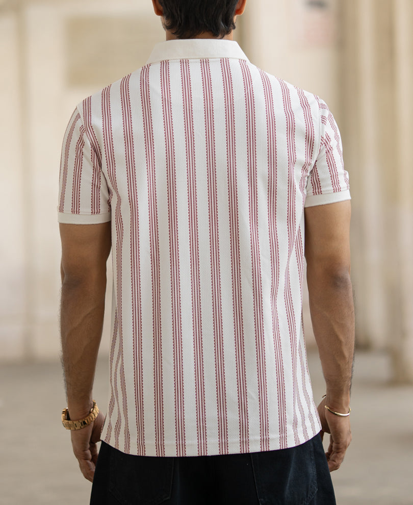 Off-White And Maroon Stripe Regular Fit Half Sleeves T-Shirt