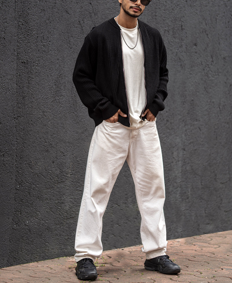 Black Knit Regular Fit Full Sleeves Bomber Jacket