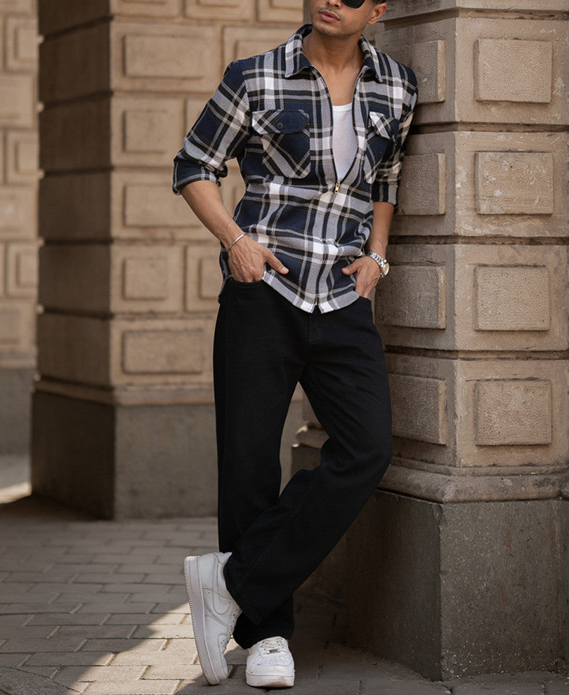 Navy Checks Zipper Shirt