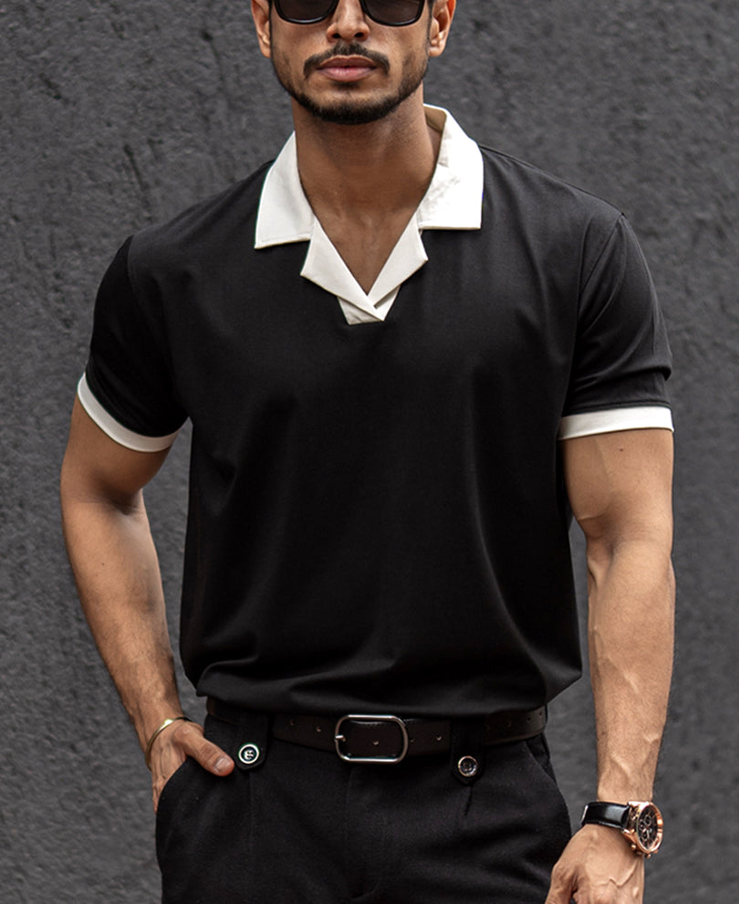 Black Cuban Collar Regular Fit Half Sleeves T-Shirt