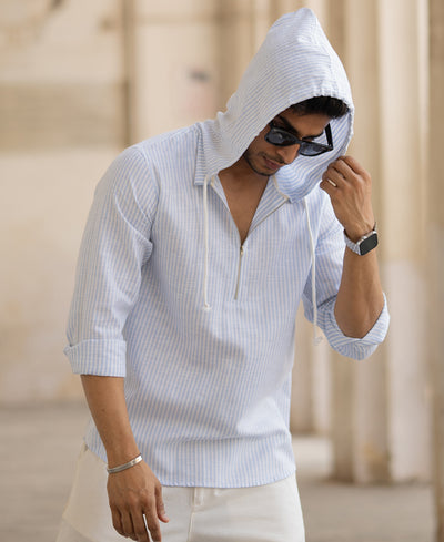 Light Blue Striped Hooded Shirt