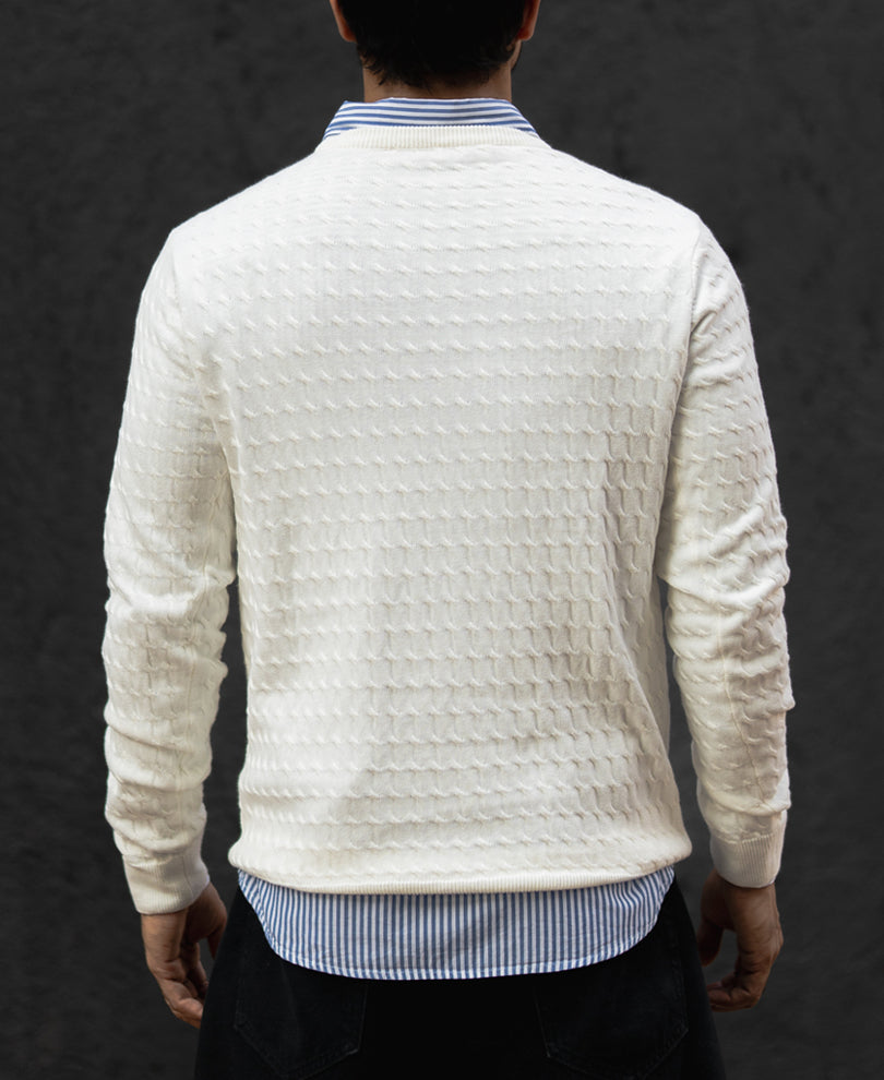 White Flat Knit Regular Fit Full Sleeves T-Shirt