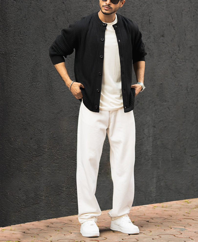 Black Regular Fit Full Sleeves Sweater Jacket