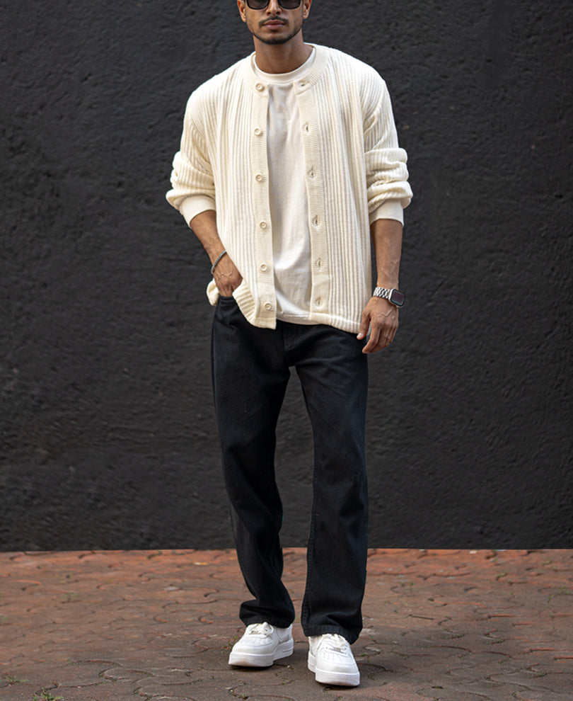 Off White Regular Fit Full Sleeves Sweater Jacket