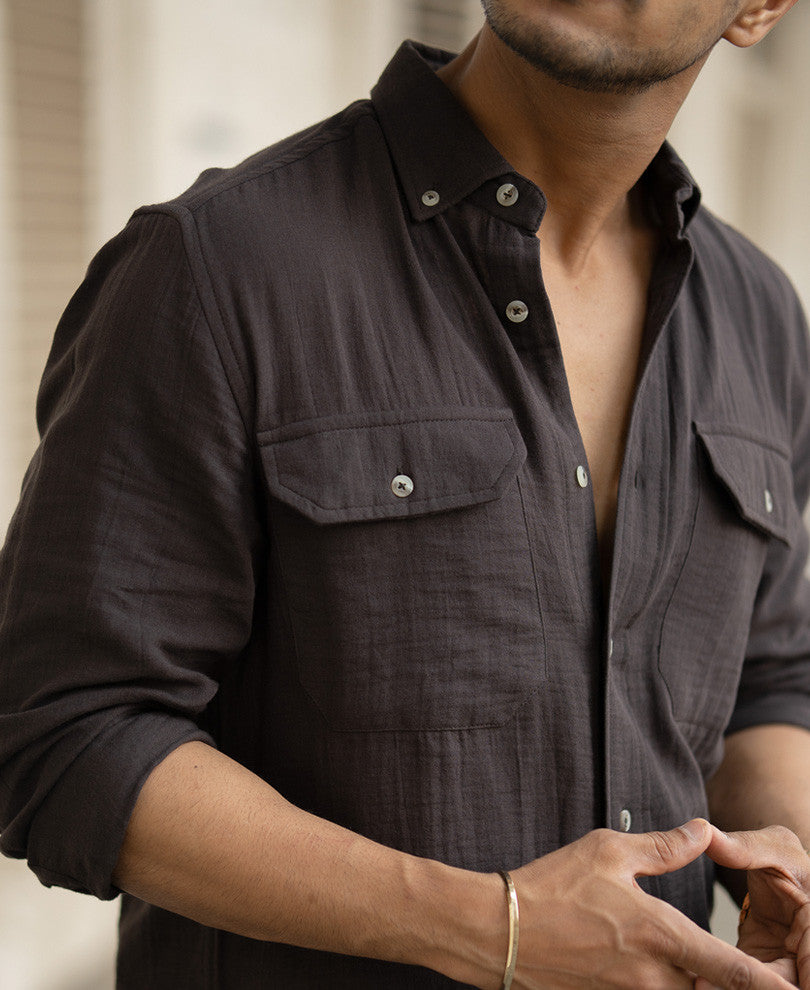 Dark Coffee Double Pocket Regular Fit Full Sleeves Shirt