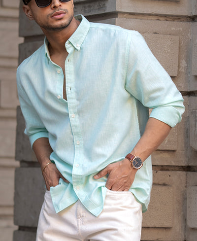 Light Green Plain Regular Fit Full Sleeves Shirt