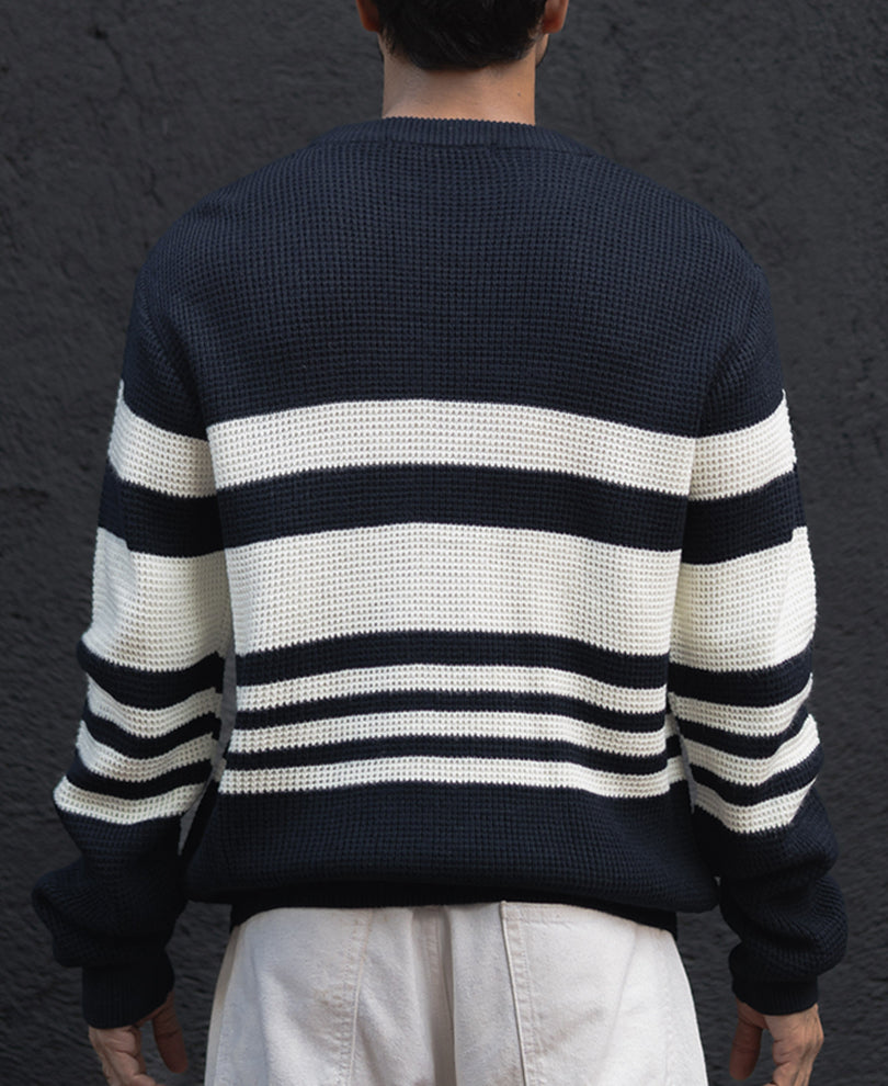 Navy Blue And White Stripes Regular Fit Full Sleeves T-Shirt