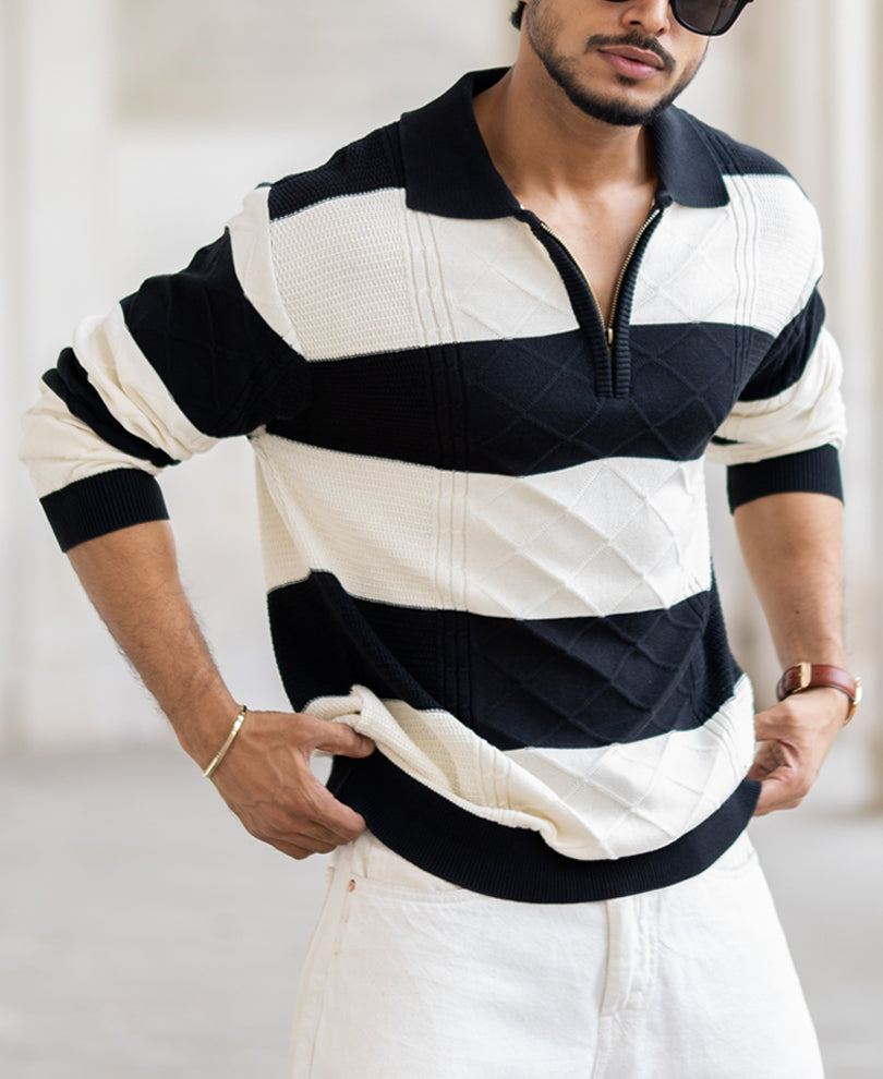 Black And Off-White Regular Fit Full Sleeves T-Shirt