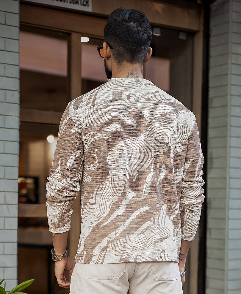 Off-White And Brown Regular Fit Printed Full Sleeves T-Shirt