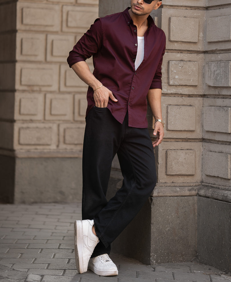 Basic Wine Regular Fit Full Sleeves Shirt