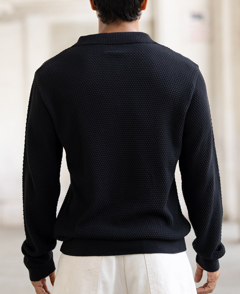 Black Structured Full Sleeves Regular Fit Collar T-Shirt