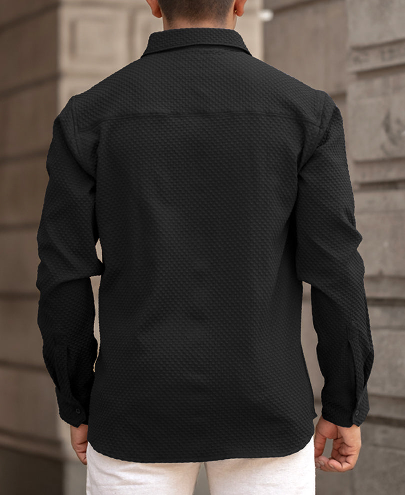 Black Waffle Structured Regular Fit Full Sleeves Shirt