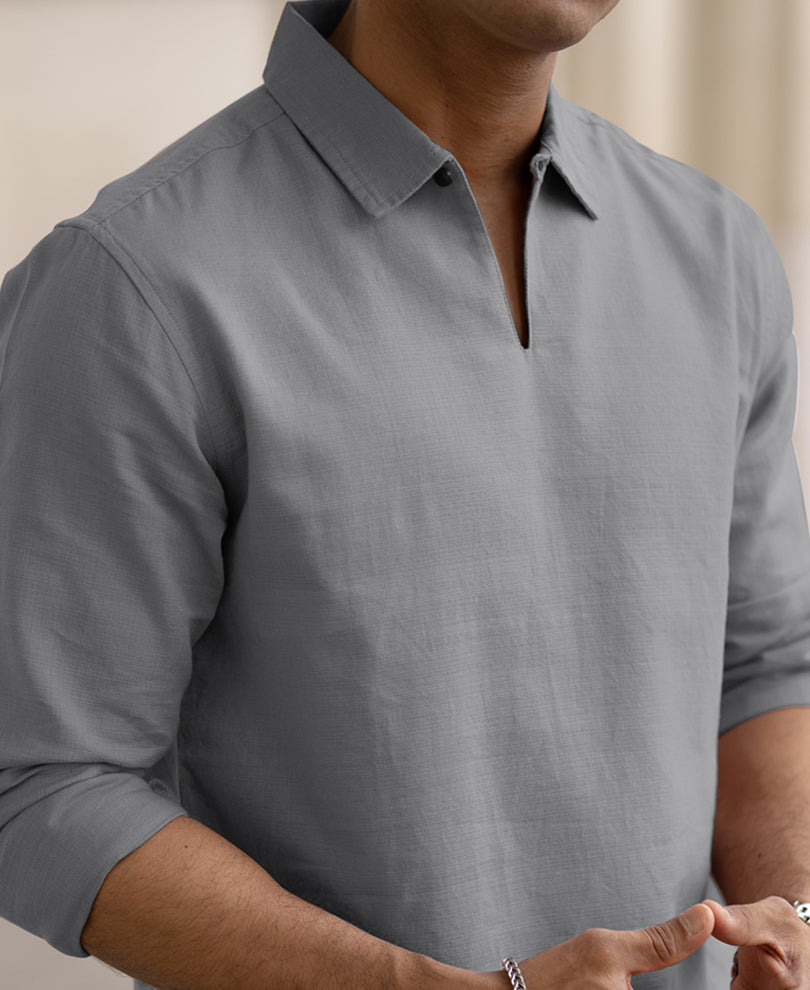 Grey Kurta Style Regular Fit Full Sleeves Shirt