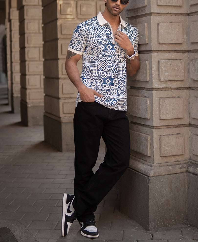 Blue Geometric Print Polo T-Shirt.