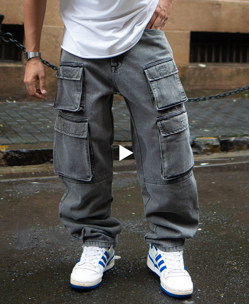 Grey Baggy Fit Denim Cargo Jeans