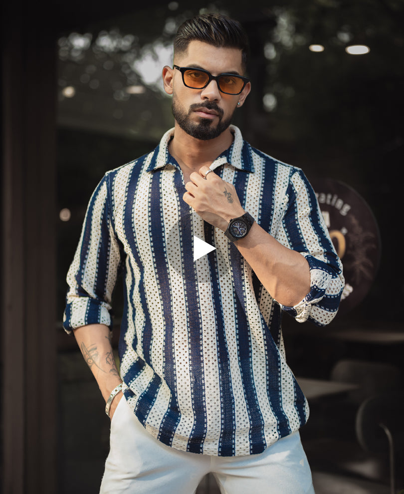 Navy Blue And Off White Stripes Regular Fit Full Sleeves Shirt