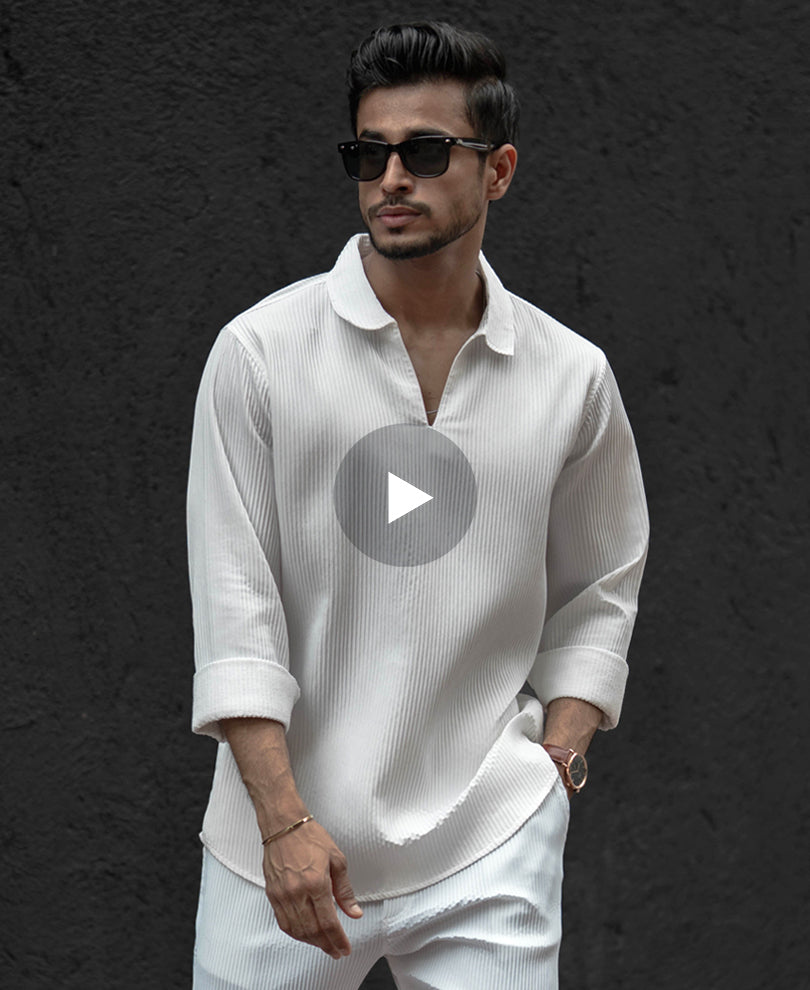 White Structured Regular Fit Full Sleeve Kurta Style Shirt